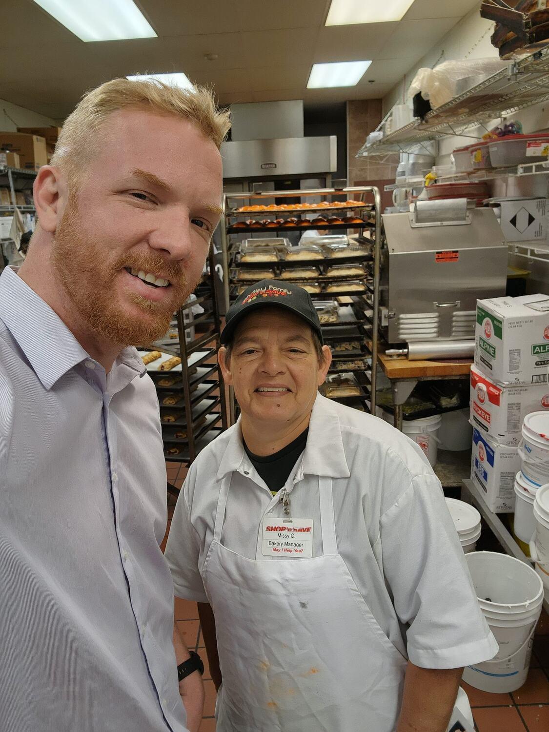 Tom behind the scenes with Missy, our bakery manager